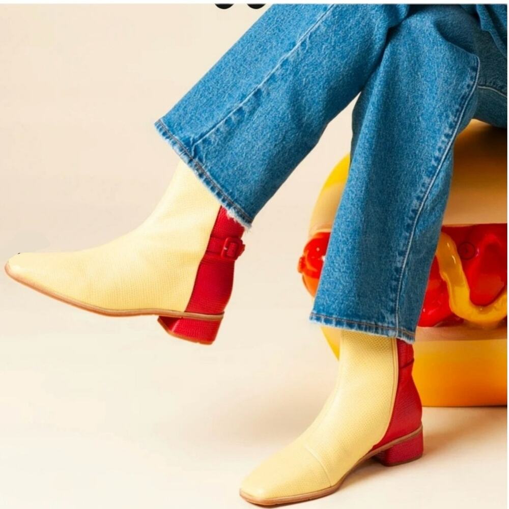 Charlotte Stone Color Block Red Yellow Buckle Ankle Booties Rare Western 90s Y2k